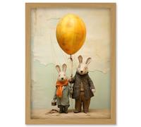 Wall Art Print Cute Nursery Artwork Rabbits and Balloon Adventure Oil Painting Artwork Framed A4 Artery8 Light Oak A4