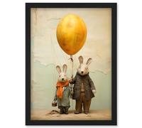 Wall Art Print Cute Nursery Artwork Rabbits and Balloon Adventure Oil Painting Artwork Framed A4 Artery8 Black A4