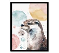 Artery8 Cute Otter Portrait Modern Watercolour Bubbles Framed Art Print | Size: A4 Artery8 Multicolor A4