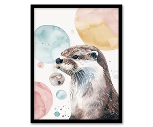 Artery8 Cute Otter Portrait Modern Watercolour Bubbles Framed Art Print | Size: A4 Artery8 Multicolor A4