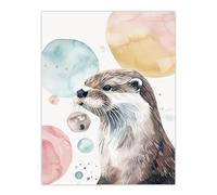 Artery8 Cute Otter Portrait Modern Watercolour Bubbles Living Room Extra Large XL Wall Art Poster Print