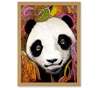 Artery8 Cute Panda In Bright Colourful Pattern Jungle Leaves Illustration Artwork Framed Wall Art Print A4 in Light Oak Artery8 Light Oak