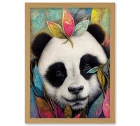 Artery8 Cute Panda In Bright Colourful Tribal Pattern Jungle Leaves Illustration Artwork Framed Wall Art Print A4 in Light Oak Artery8 Light Oak