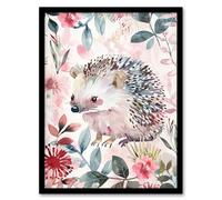 Artery8 Cute Pastel Hedgehog in Wildflowers Watercolour Framed Art Print in Pink | Size: A4 Artery8 Pink A4