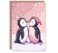 Artery8 Cute Penguin Couple Winter Love Cartoon For Her Woman Xmas Festive Christmas Card
