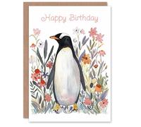 Artery8 Cute Penguin in Wildflower Meadow Watercolour For Her Woman Birthday Card