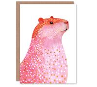 Artery8 Greeting Card Cute Pink Capybara White Gold Polka Dot Fur Coat For Her Woman Birthday Card