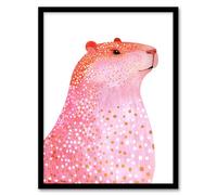 Artery8 Cute Pink Capybara White Gold Polka Dot Fur Coat Living Room Artwork Framed Wall Art Print 18X24 Inch