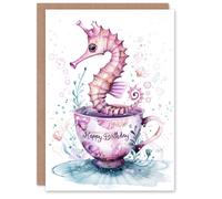 Artery8 Cute Pink Seahorse in Teacup Soft Watercolour Birthday Card Artery8 Pink