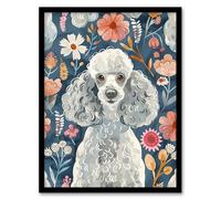 Artery8 Cute Poodle Floral Portrait Blue Pink Dog Lover Living Room Artwork Framed Wall Art Print 18X24 Inch