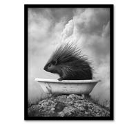 Artery8 Cute Porcupine in Bathtub Black White Surreal Framed Art Print in Grey | Size: A4 Artery8 Grey A4