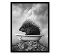 Artery8 Cute Porcupine In Bathtub Black White Surreal Wall Art Print - A4 Size
