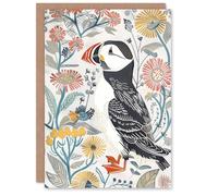 Artery8 Greeting Card Cute Puffin Bird and Floral Pattern Design Blank For All Him Or Her Art Birthday Card