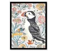 Artery8 Cute Puffin Bird & Floral Pattern Design Framed Art Print in White | Size: A4 Artery8 White A4