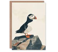 Artery8 Cute Puffin Bird on Rock Bright Graphic Design Blank For Him Or Her Art Birthday Card