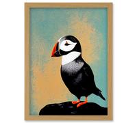 Artery8 Cute Puffin Bird on Rock Modern Print Illustration Artwork Framed Wall Art Print A4 in Light Oak Artery8 Light Oak