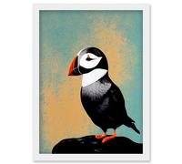 Artery8 Cute Puffin Bird on Rock Modern Print Illustration Artwork Framed Wall Art Print A4 in White Artery8 White