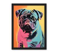 Artery8 Cute Pug Dog Colourful Artwork Pink Turquoise Orange and Yellow Vibrant Pet Portrait Artwork Framed Wall Art Print 18X24 Inch