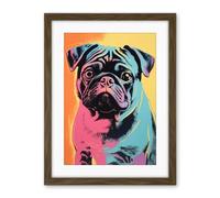 Artery8 Cute Pug Dog Colourful Artwork Pink Turquoise Orange and Yellow Vibrant Pet Portrait Artwork Framed Wall Art Print 18X24 Inch