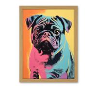 Artery8 Cute Pug Dog Colourful Artwork Pink Turquoise Orange and Yellow Vibrant Pet Portrait Artwork Framed Wall Art Print 18X24 Inch