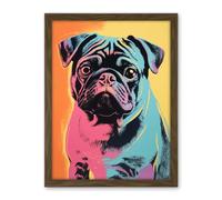 Artery8 Cute Pug Dog Colourful Artwork Pink Turquoise Orange and Yellow Vibrant Pet Portrait Artwork Framed Wall Art Print 18X24 Inch