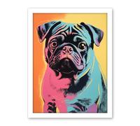 Artery8 Cute Pug Dog Colourful Artwork Pink Turquoise Orange and Yellow Vibrant Pet Portrait Artwork Framed Wall Art Print 18X24 Inch