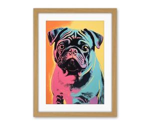 Artery8 Cute Pug Dog Colourful Artwork Pink Turquoise Orange and Yellow Vibrant Pet Portrait Artwork Framed Wall Art Print 18X24 Inch