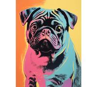 Artery8 Cute Pug Dog Colourful Artwork Pink Turquoise Orange and Yellow Vibrant Pet Portrait Large Wall Art Poster Print Thick Paper 18X24 Inch