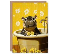 Artery8 Greeting Card Cute Pygmy Hippo Bath Time Yellow Daisy Bathroom For Her Woman Birthday Card