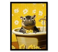 Cute Pygmy Hippo Bath Time Yellow Daisy Bathroom Framed Art Print Artery8 Yellow A4