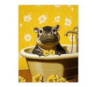 Artery8 Cute Pygmy Hippo Bath Time Yellow Daisy Bathroom Toilet Extra Large XL Wall Art Poster Print