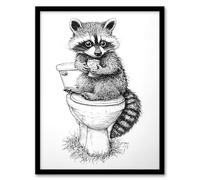Artery8 Cute Raccoon On Toilet Funny Black White Drawing Bathroom Toilet Artwork Framed Wall Art Print 18X24 Inch