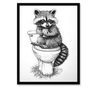 Artery8 Cute Raccoon On Toilet Funny Black White Drawing Framed Art Print | Size: W12" x H16" Artery8 White W12" x H16"