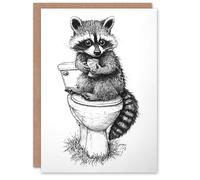 Artery8 Cute Raccoon On Toilet Funny Black White Drawing Greeting Card Artery8 White