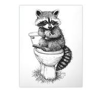 Artery8 Cute Raccoon On Toilet Funny Black White Drawing Wall Art Print | Size: W12" x H16" Artery8 White W12" x H16"