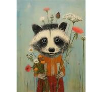 Artery8 Cute Racoon Picking Wildflowers for a Spring Bouquet Oil Painting Amber Orange Baby Blue Kids Bedroom Artwork Large Wall Art Poster Print Thick Paper 18X24 Inch