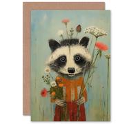 Artery8 Cute Racoon Picking Wildflowers Spring Bouquet for Wife Her Mum Sister Daughter Mom Gran Nan Birthday Thank You Kids Child Blank Art Greeting Card