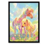 Artery8 Cute Rainbow Ponies in Flower Meadow Cartoon Framed Wall Art | Size: W12" x H16" Artery8 Multicolor W12" x H16"