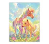 Artery8 Cute Rainbow Ponies in Flower Meadow Cartoon Wall Art Print | Size: W12" x H16" Artery8 Multicolor W12" x H16"