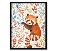 Artery8 Cute Red Panda in Botanical Pastel Colour Pattern Framed Wall Art | Size: W12" x H16" Artery8 Multicolor W12" x H16"