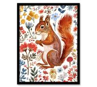 Artery8 Cute Red Squirrel Bright Floral Watercolour Framed Wall Art | Size: W12" x H16" Artery8 Multicolor W12" x H16"