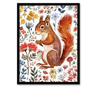 Cute Red Squirrel Bright Floral Watercolour Framed Wall Art Artery8 Multi A4