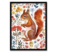 Cute Red Squirrel Bright Floral Watercolour Framed Wall Art Artery8 Multi A4