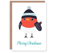 Artery8 Cute Robin Bird With Winter Hat Bright Modern Christmas Greeting Card Artery8 Multicolor