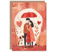 Artery8 Cute Romantic Couple With Pet Dog Under Umbrella Valentine's Day Card