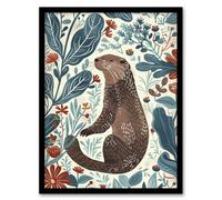 Cute Scandi Rustic Otter Botanical Flowers Framed Art Print Artery8 Blue A4
