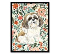 Artery8 Cute Shih Tzu Dog Lover Rustic Floral Portrait Living Room Artwork Framed Wall Art Print A4