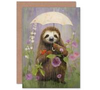 Artery8 Cute Sloth with an Umbrella Wildflower Meadow for Child Children Kids Birthday Thinking of You Get Well Soon Blank Art Greeting Card