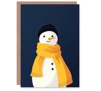 Artery8 Cute Snowman Yellow Winter Scarf Starry Night Blank For Him Or Her Art Christmas Card