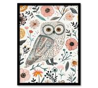 Artery8 Cute Tawny Owl with Flowers Bright Watercolour Kids Bedroom Nursery Artwork Framed Wall Art Print 18X24 Inch